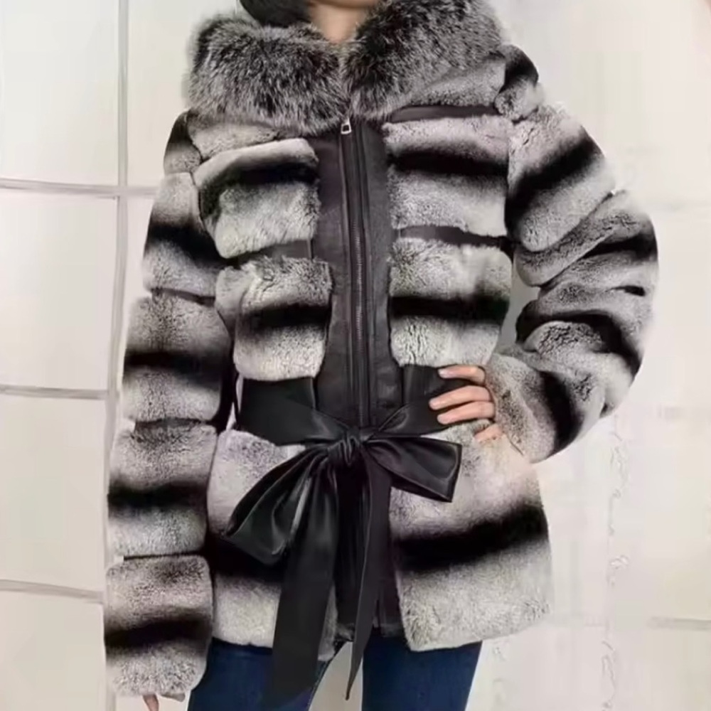 Luxury Gray Striped Rex, chinchilla Fur Jacket with Bow Belt **REAL FUR**